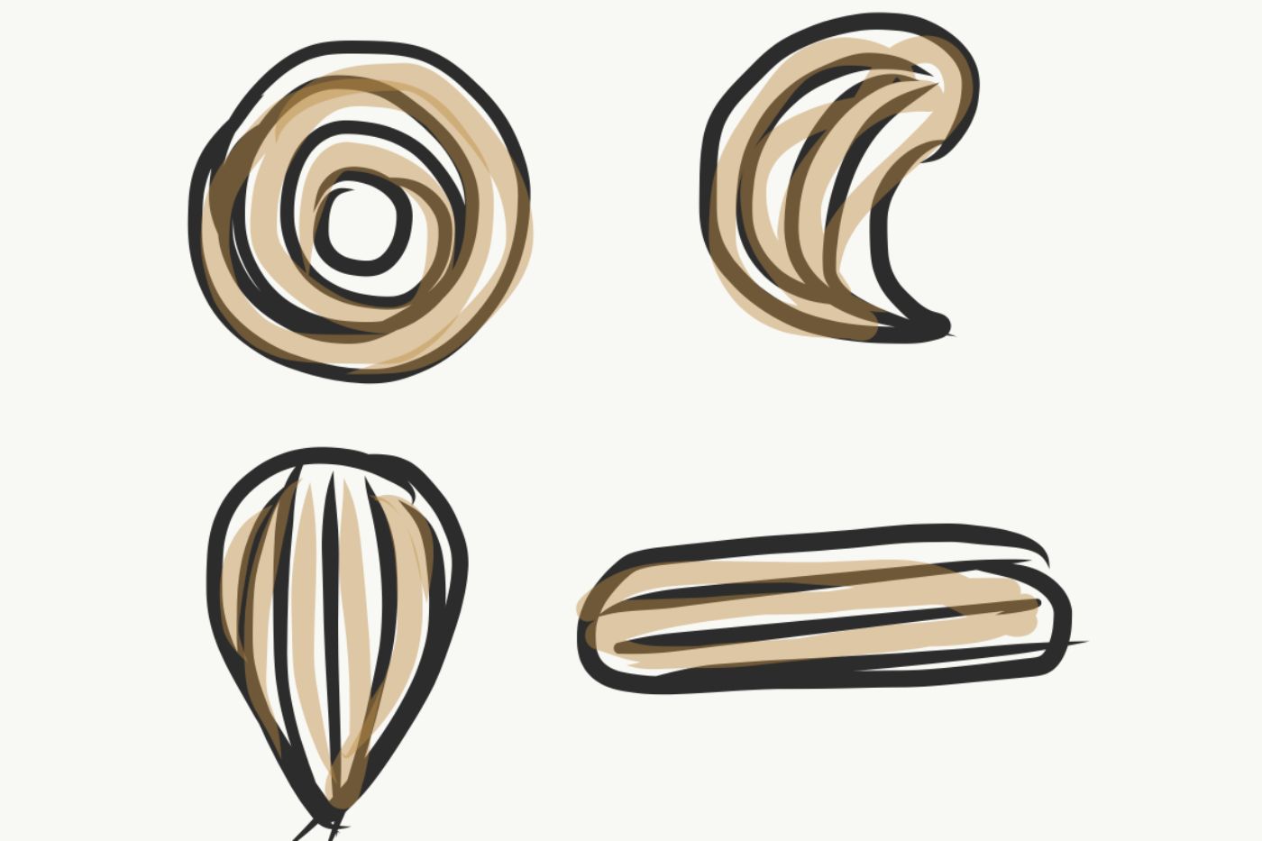 Four piping shapes for almond shortbread cookies: Wheels, Curved Shells, Shells, and Sticks.